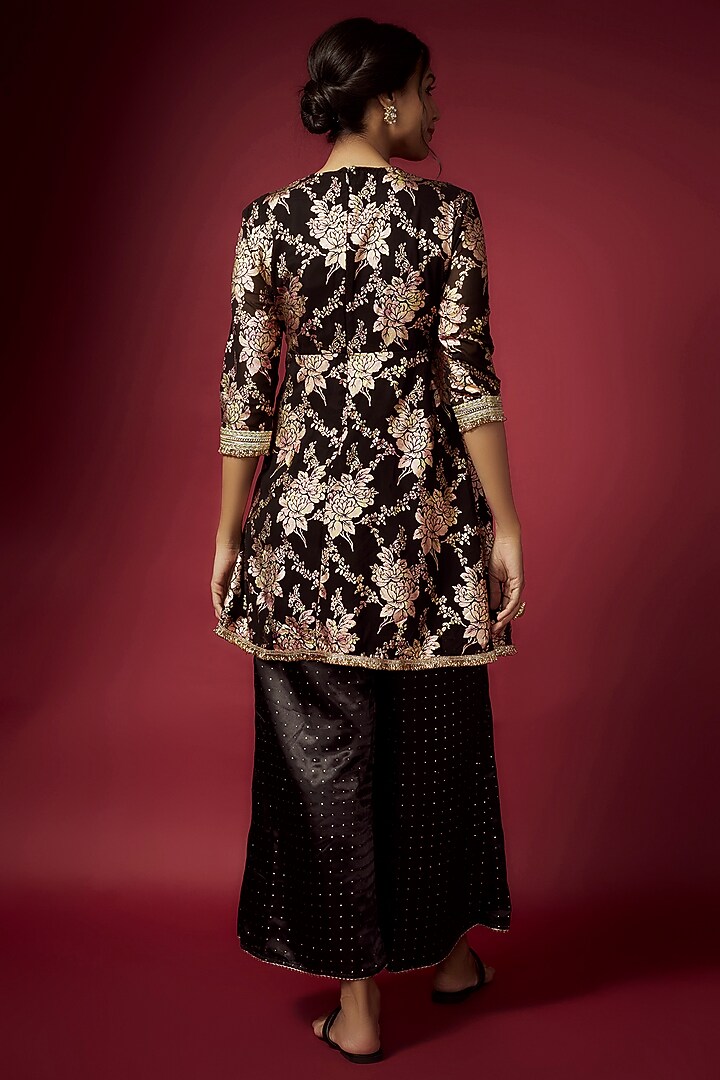 Black Recycled Polyester Foil Printed A-Line Kurta Set For Girls by Phatakaa Mini at Pernia's Pop Up Shop