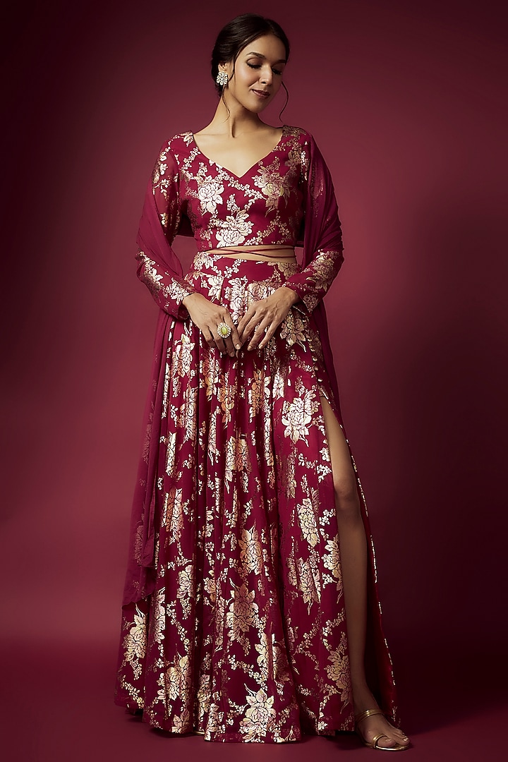 Maroon Recycled Polyester Foil Printed Lehenga Set For Girls by Phatakaa Mini at Pernia's Pop Up Shop