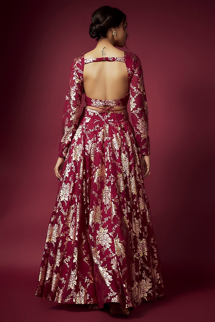 Maroon Recycled Polyester Foil Printed Lehenga Set For Girls by Phatakaa Mini at Pernia's Pop Up Shop
