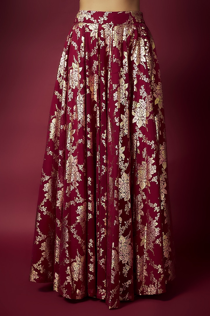 Maroon Recycled Polyester Foil Printed Lehenga Set For Girls by Phatakaa Mini at Pernia's Pop Up Shop