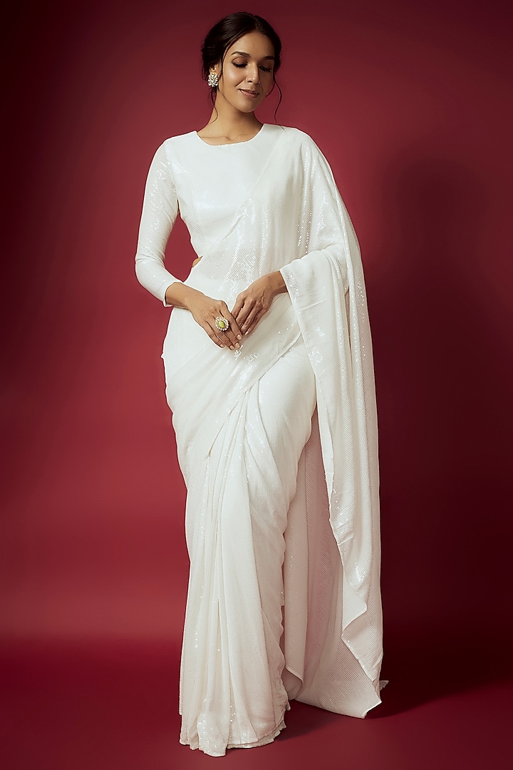 White Recycled Polyester Sequins Pre-Draped Saree Set For Girls by Phatakaa Mini at Pernia's Pop Up Shop