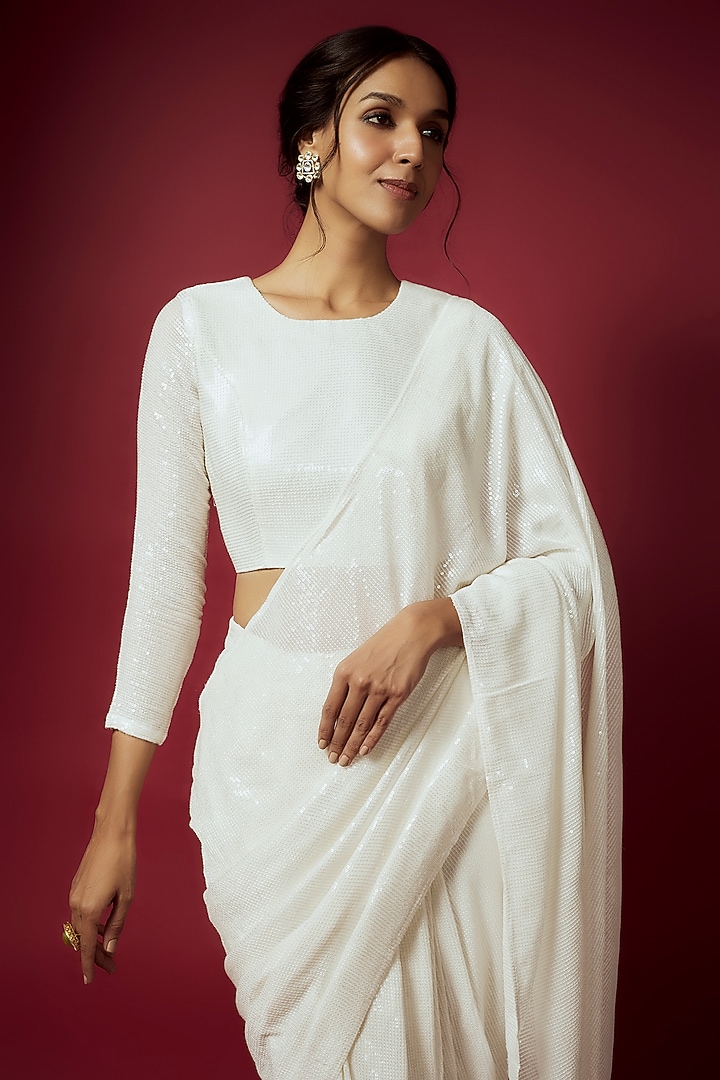 White Recycled Polyester Sequins Pre-Draped Saree Set For Girls by Phatakaa Mini at Pernia's Pop Up Shop