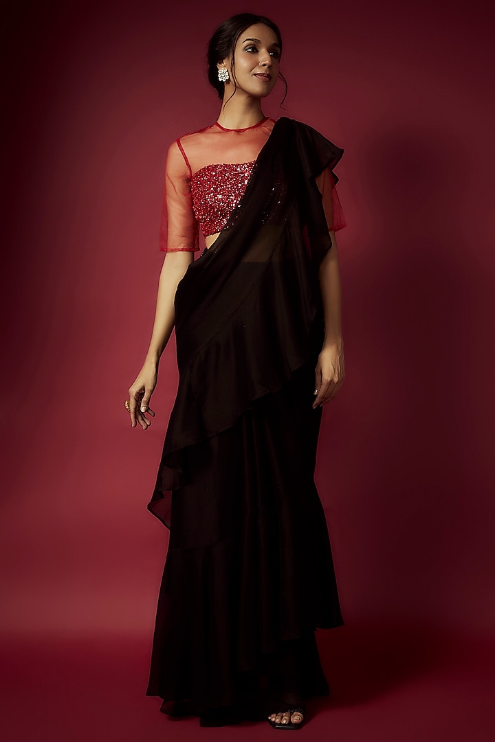 Black Recycled Satin Pre-Draped Saree Set For Girls by Phatakaa Mini at Pernia's Pop Up Shop