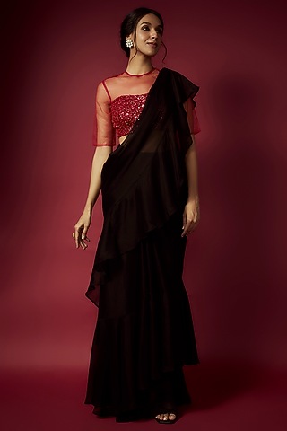 Black Recycled Satin Pre-Draped Saree Set For Girls by Phatakaa Mini