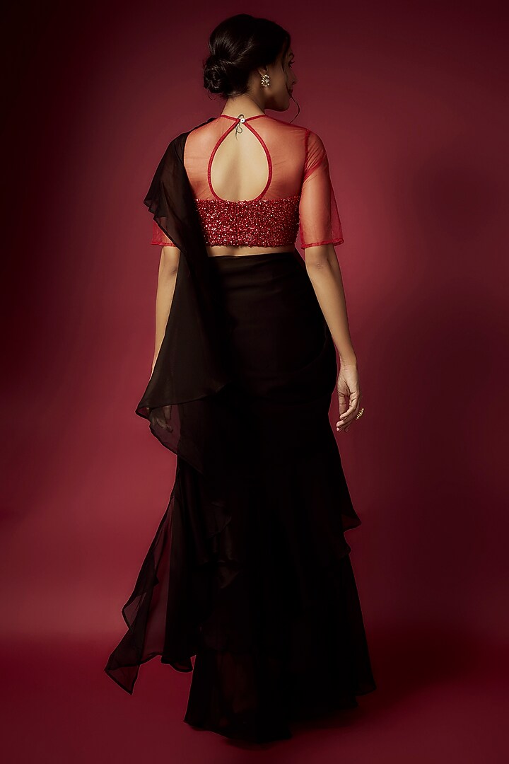 Black Recycled Satin Pre-Draped Saree Set For Girls by Phatakaa Mini at Pernia's Pop Up Shop