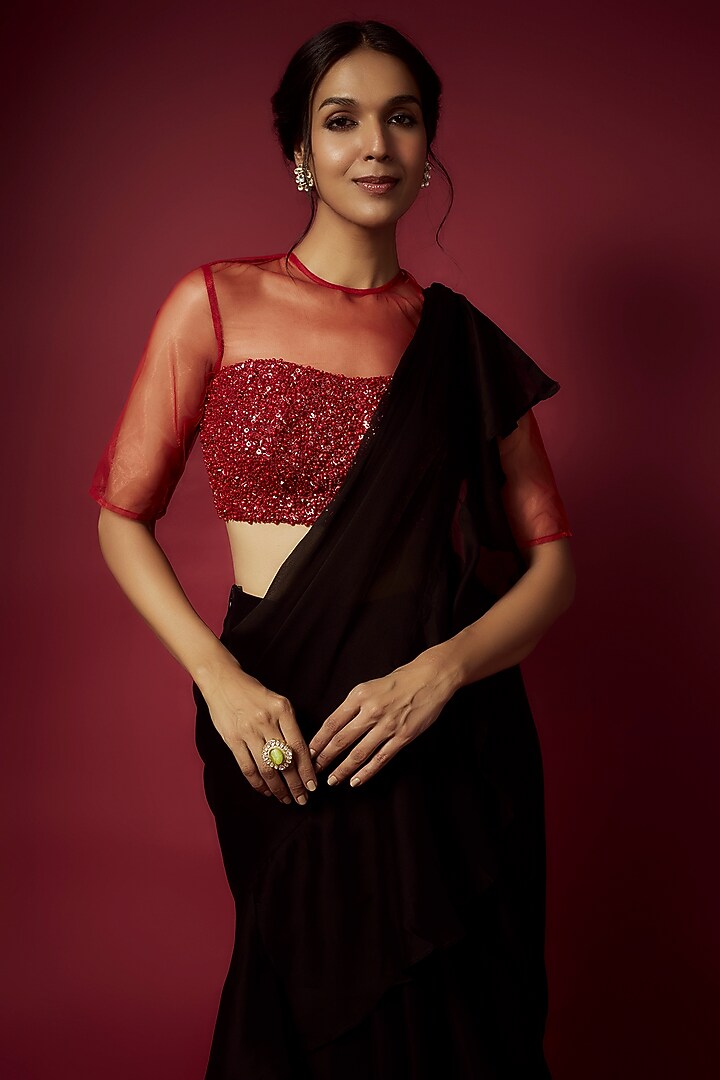 Black Recycled Satin Pre-Draped Saree Set For Girls by Phatakaa Mini at Pernia's Pop Up Shop