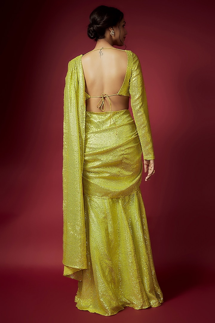Lime Recycled Polyester Sequins Pre-Draped Saree Set For Girls by Phatakaa Mini at Pernia's Pop Up Shop