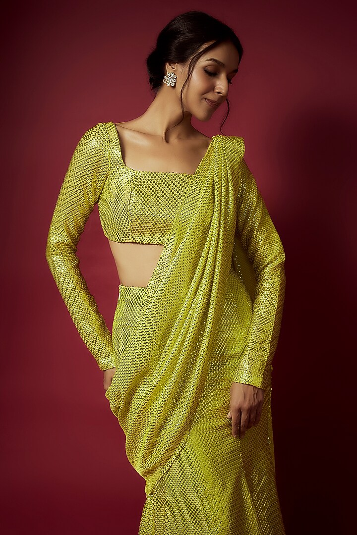 Lime Recycled Polyester Sequins Pre-Draped Saree Set For Girls by Phatakaa Mini at Pernia's Pop Up Shop