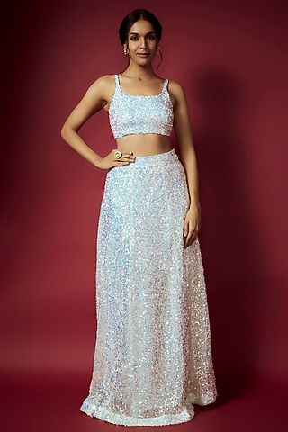 White Recycled Polyester Sequins Lehenga Set For Girls by Phatakaa Mini