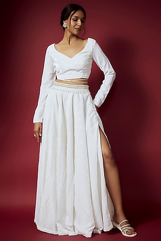 White Recycled Polyester & Velvet Lehenga Set For Girls by Phatakaa Mini