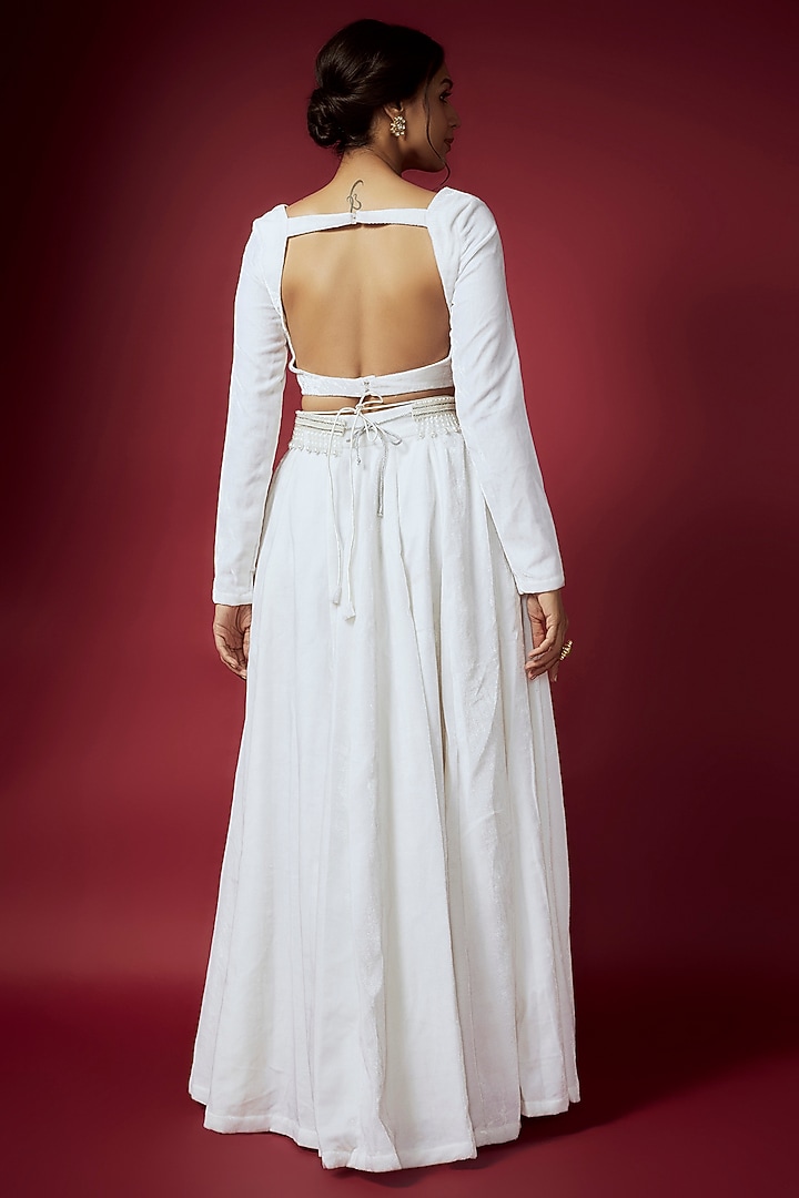 White Recycled Polyester & Velvet Lehenga Set For Girls by Phatakaa Mini at Pernia's Pop Up Shop