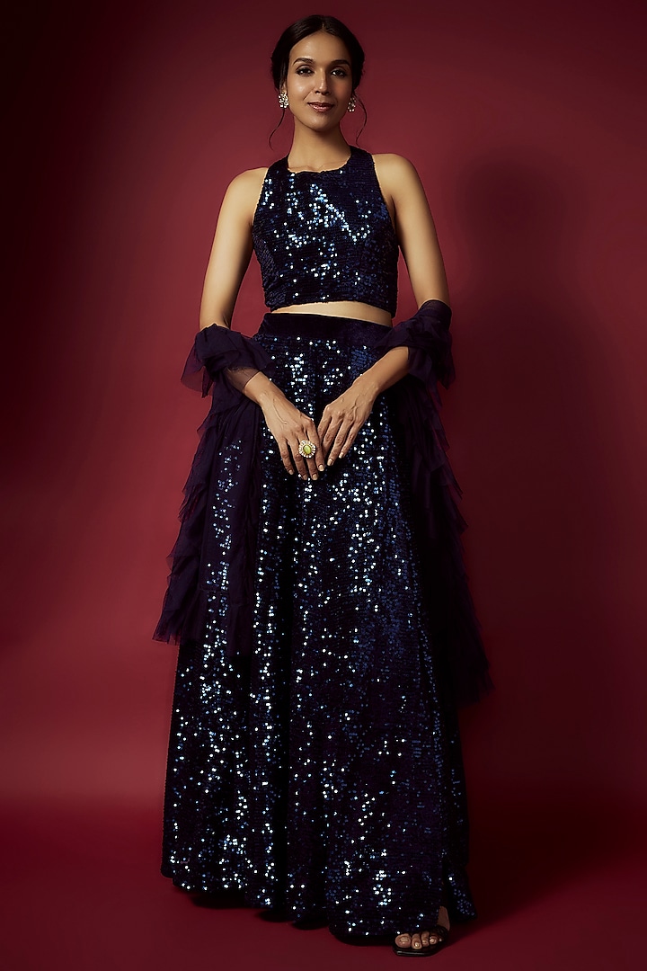 Navy Blue Recycled Polyester Sequins Lehenga Set For Girls by Phatakaa Mini at Pernia's Pop Up Shop