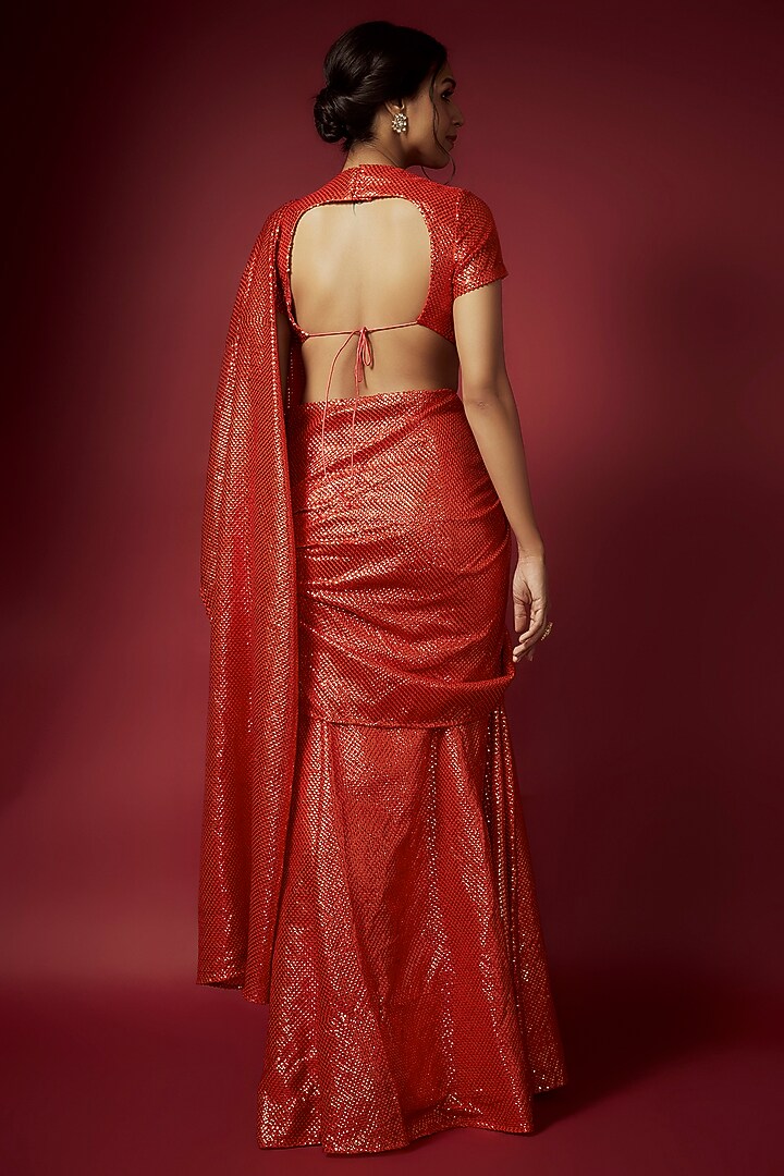 Orange Recycled Polyester Sequins Pre-Draped Saree Set For Girls by Phatakaa Mini at Pernia's Pop Up Shop