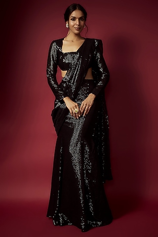 Black Recycled Polyester Sequins Pre-Draped Saree Set For Girls by Phatakaa Mini