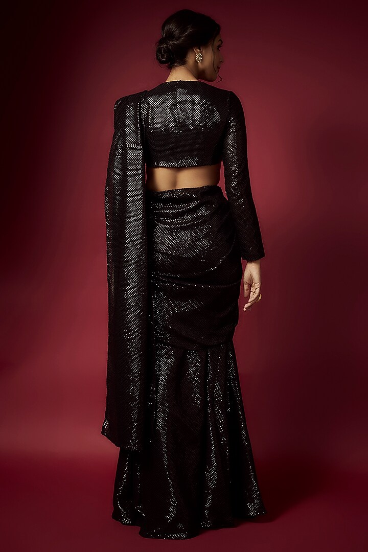 Black Recycled Polyester Sequins Pre-Draped Saree Set For Girls by Phatakaa Mini at Pernia's Pop Up Shop