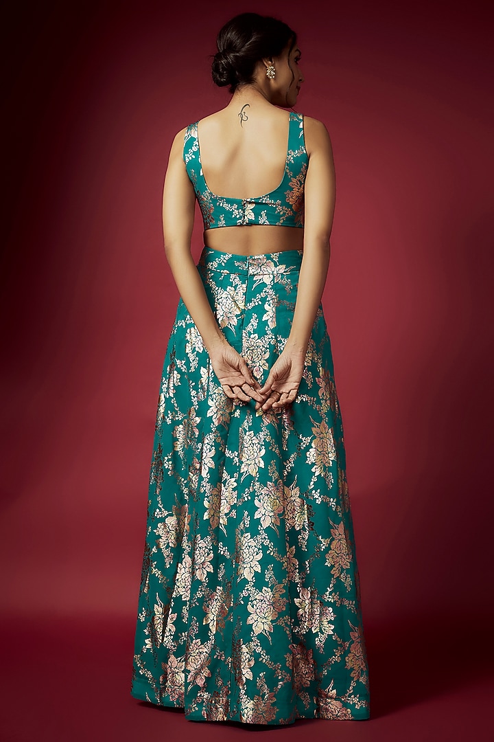 Teal Recycled Polyester Foil Printed Lehenga Set For Girls by Phatakaa Mini at Pernia's Pop Up Shop
