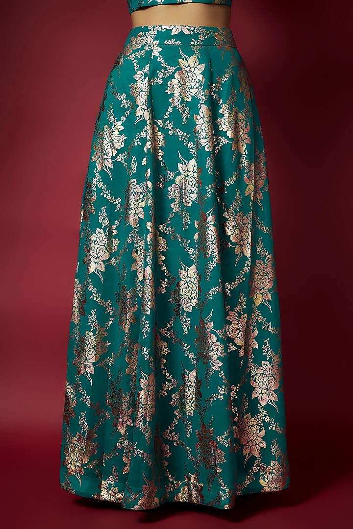 Teal Recycled Polyester Foil Printed Lehenga Set For Girls by Phatakaa Mini at Pernia's Pop Up Shop