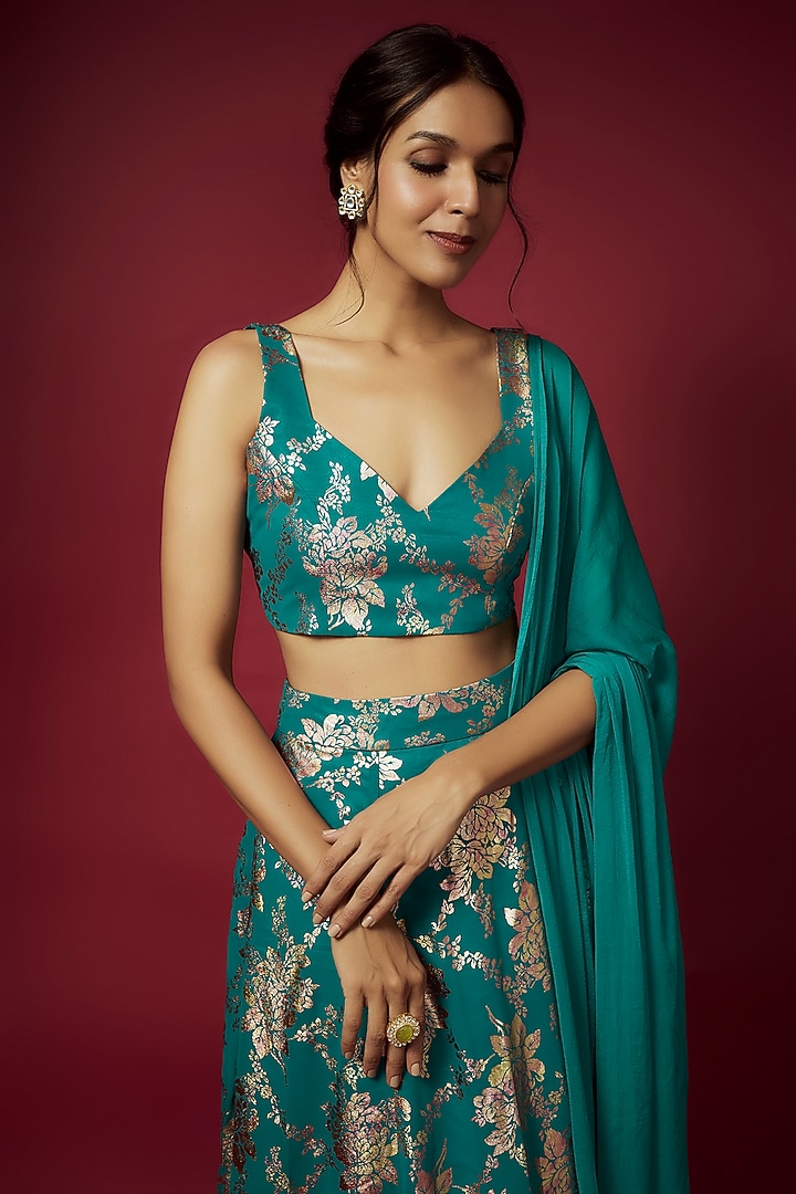 Teal Recycled Polyester Foil Printed Lehenga Set For Girls by Phatakaa Mini at Pernia's Pop Up Shop