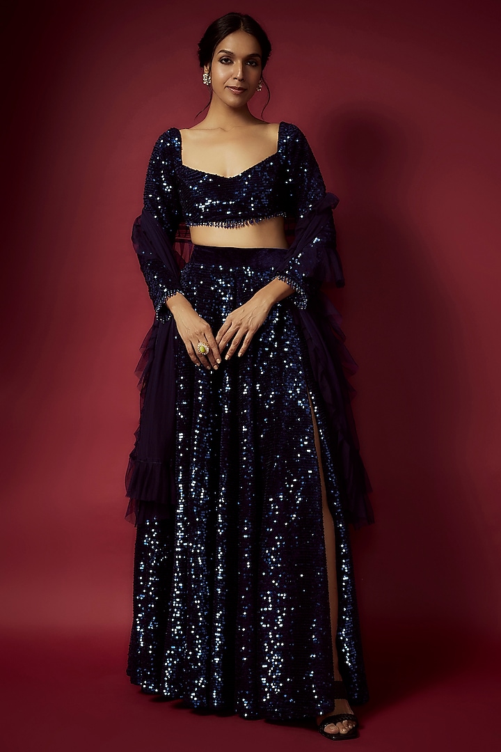 Navy Blue Recycled Polyester Sequins Lehenga Set For Girls by Phatakaa Mini at Pernia's Pop Up Shop