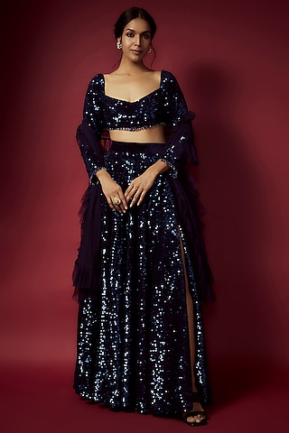 Navy Blue Recycled Polyester Sequins Lehenga Set For Girls by Phatakaa Mini