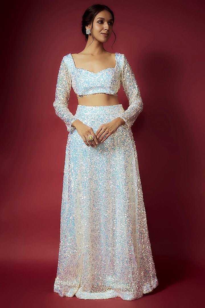 White Recycled Polyester Sequins Lehenga Set For Girls by Phatakaa Mini at Pernia's Pop Up Shop