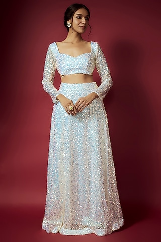 White Recycled Polyester Sequins Lehenga Set For Girls by Phatakaa Mini