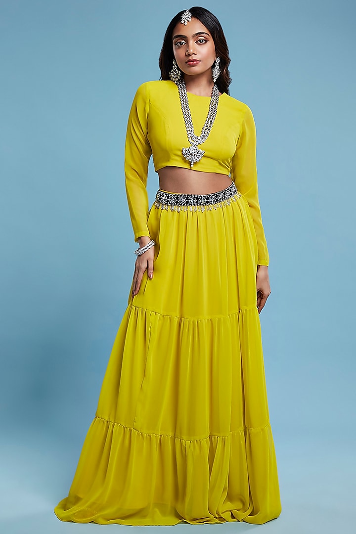 Lime Recycled Polyester Tiered Lehenga Set For Girls by Phatakaa Mini at Pernia's Pop Up Shop