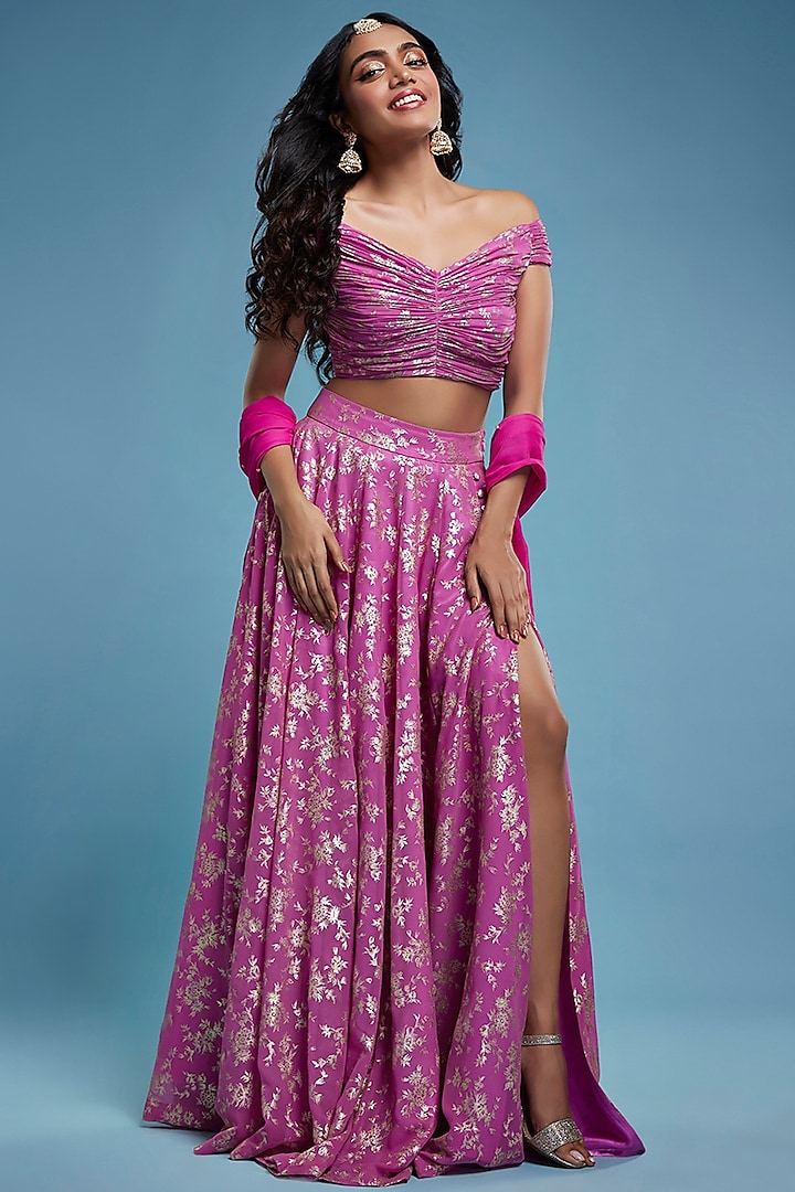 Purple Recycled Polyester Lehenga Set For Girls by Phatakaa Mini at Pernia's Pop Up Shop