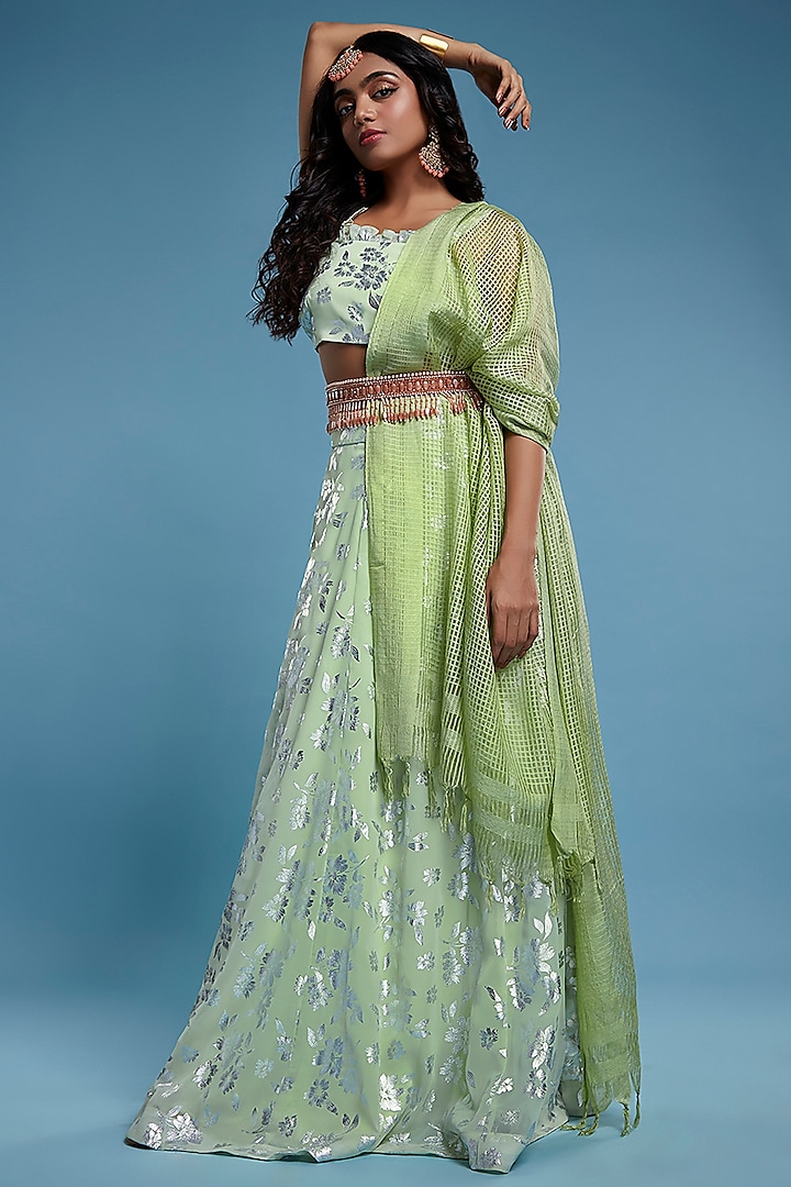 Pista Green Recycled Polyester Lehenga Set For Girls by Phatakaa Mini at Pernia's Pop Up Shop