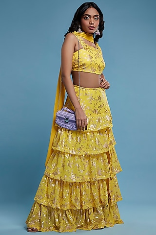 Yellow Recycled Polyester Tiered Lehenga Set For Girls by Phatakaa Mini