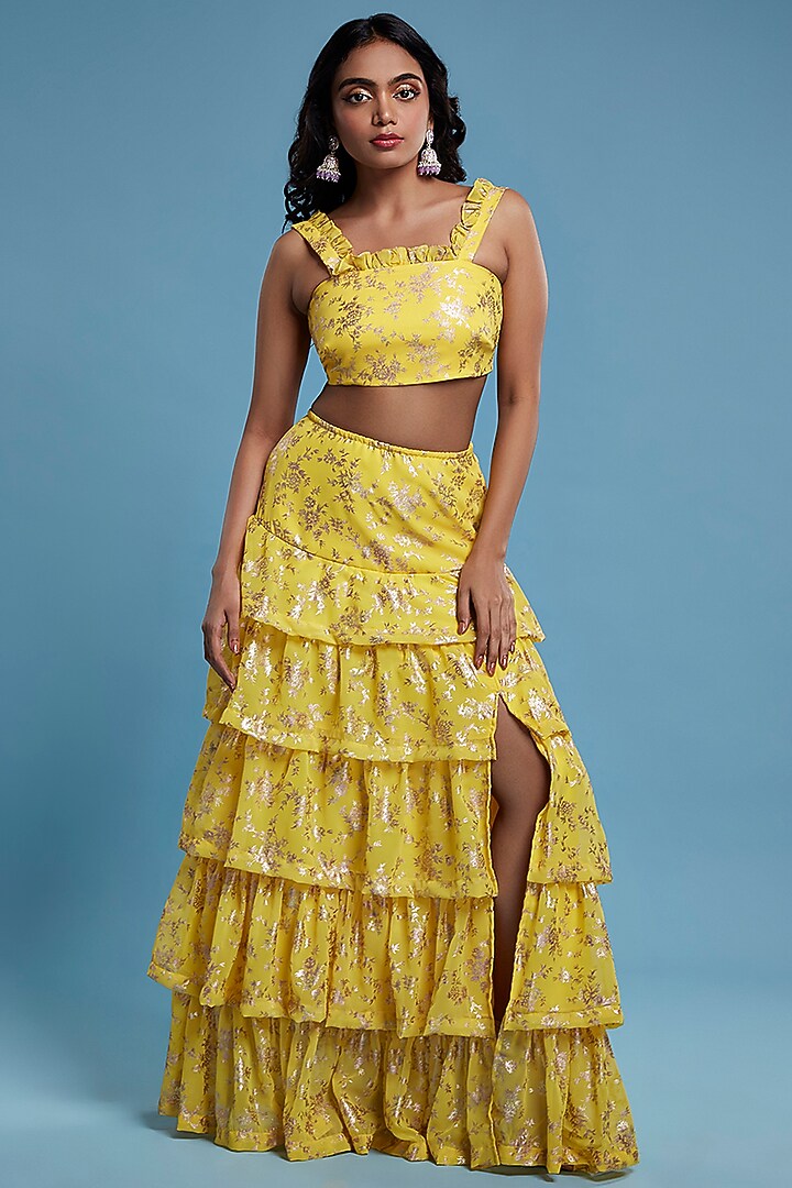 Yellow Recycled Polyester Tiered Lehenga Set For Girls by Phatakaa Mini at Pernia's Pop Up Shop