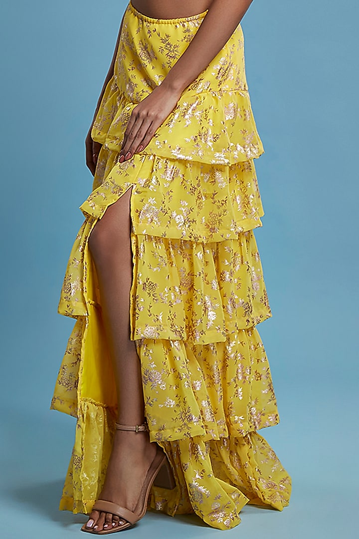 Yellow Recycled Polyester Tiered Lehenga Set For Girls by Phatakaa Mini at Pernia's Pop Up Shop