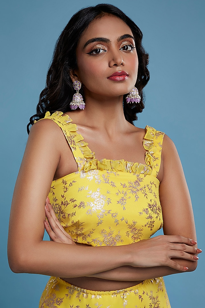 Yellow Recycled Polyester Tiered Lehenga Set For Girls by Phatakaa Mini at Pernia's Pop Up Shop