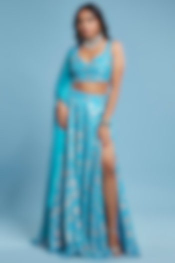Turquoise Blue Recycled Polyester Lehenga Set For Girls by Phatakaa Mini at Pernia's Pop Up Shop
