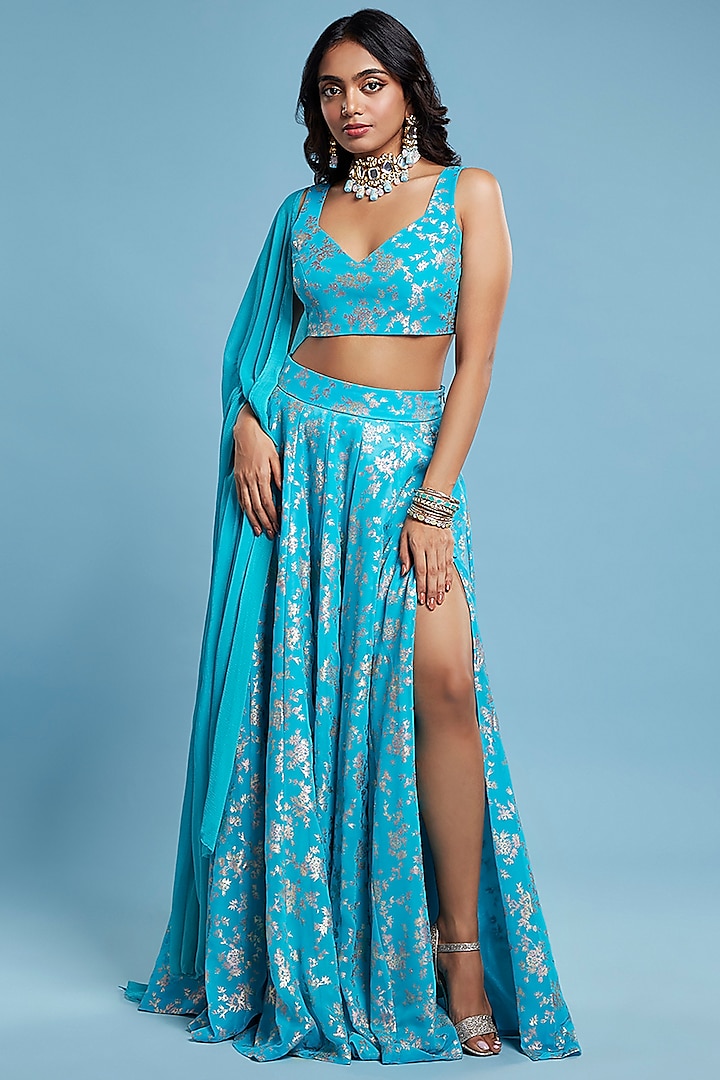 Turquoise Blue Recycled Polyester Lehenga Set For Girls by Phatakaa Mini at Pernia's Pop Up Shop