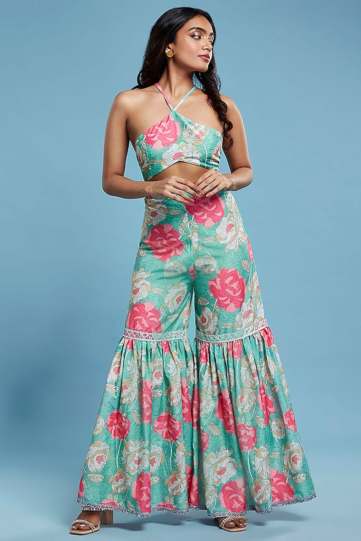 Multi-Colored Satin Georgette Floral Printed Sharara Set For Girls by Phatakaa Mini at Pernia's Pop Up Shop