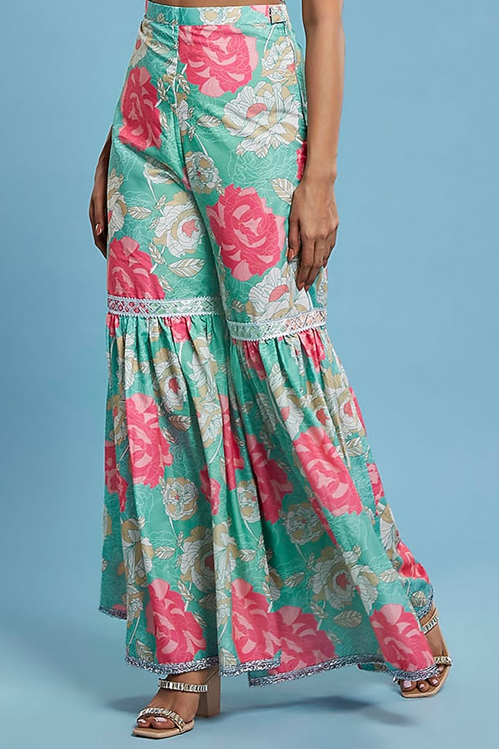 Multi-Colored Satin Georgette Floral Printed Sharara Set For Girls by Phatakaa Mini at Pernia's Pop Up Shop