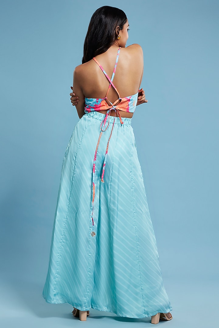 Blue Satin Georgette Leheriya Flared Pant Set For Girls by Phatakaa Mini at Pernia's Pop Up Shop