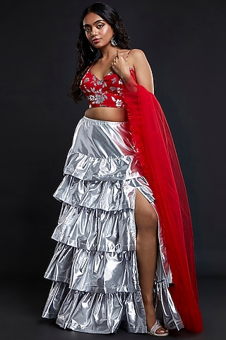 Silver Recycled Polyester Tiered Lehenga Set For Girls by Phatakaa Mini