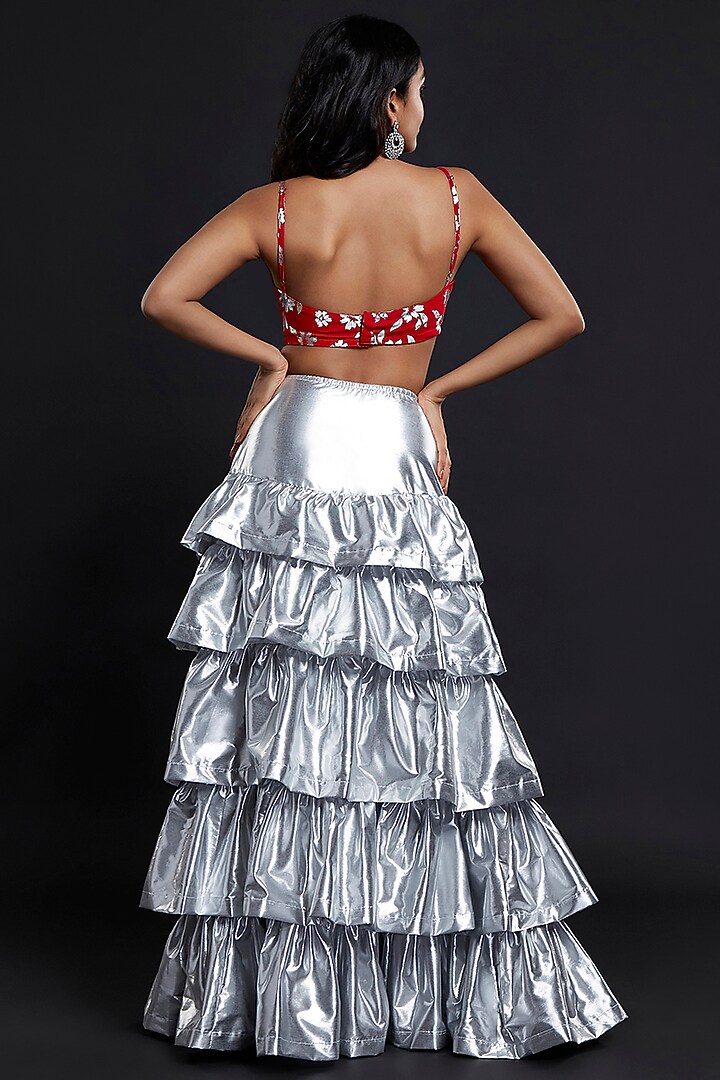 Silver Recycled Polyester Tiered Lehenga Set For Girls by Phatakaa Mini at Pernia's Pop Up Shop