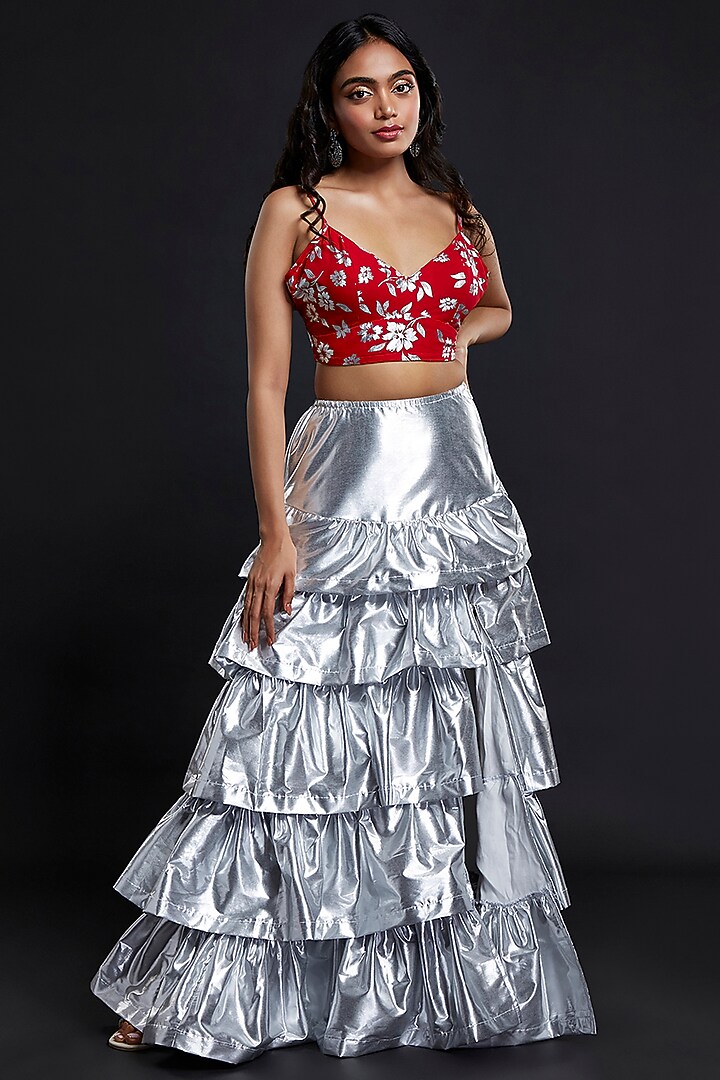 Silver Recycled Polyester Tiered Lehenga Set For Girls by Phatakaa Mini at Pernia's Pop Up Shop
