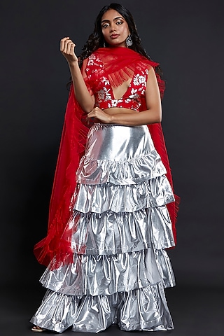 Silver Recycled Polyester Tiered Lehenga Set For Girls by Phatakaa Mini