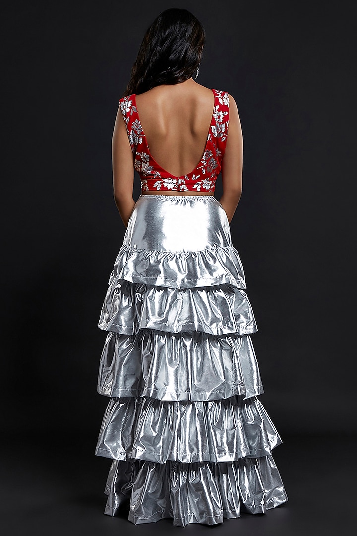Silver Recycled Polyester Tiered Lehenga Set For Girls by Phatakaa Mini at Pernia's Pop Up Shop
