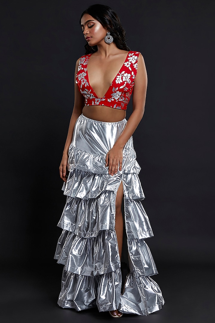 Silver Recycled Polyester Tiered Lehenga Set For Girls by Phatakaa Mini at Pernia's Pop Up Shop