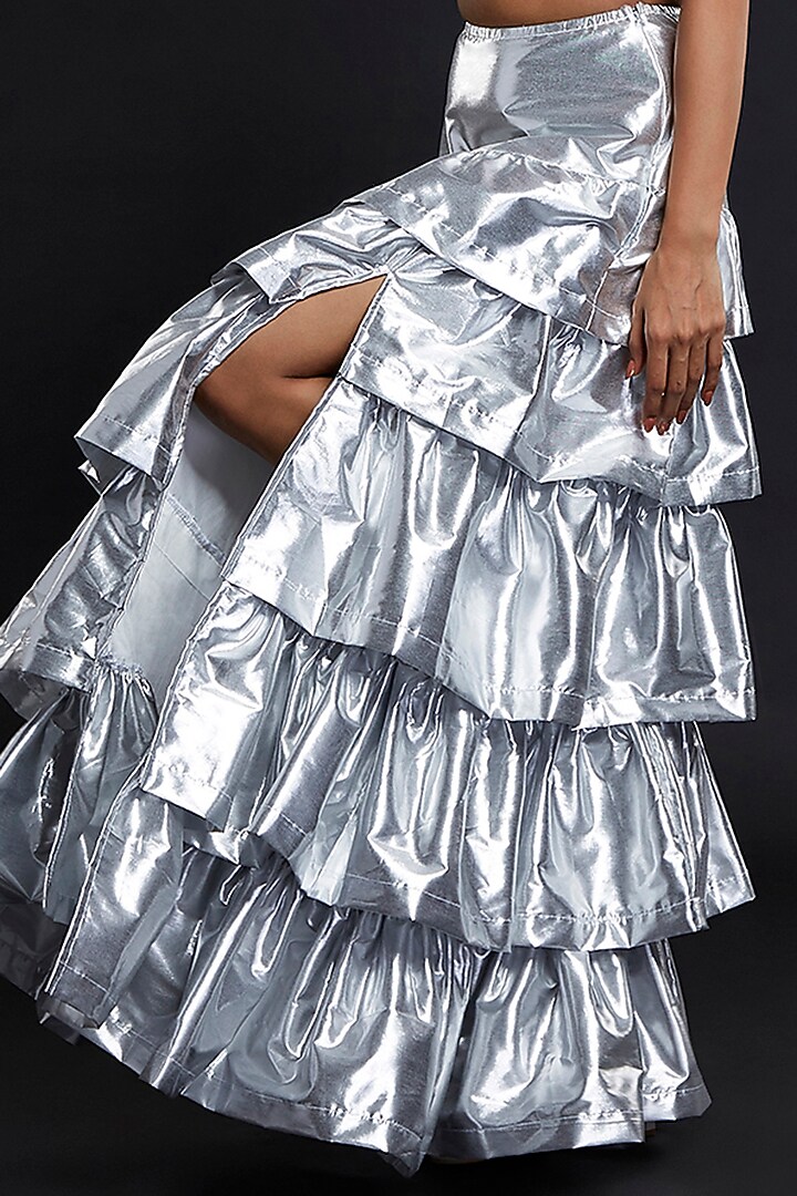 Silver Recycled Polyester Tiered Lehenga Set For Girls by Phatakaa Mini at Pernia's Pop Up Shop
