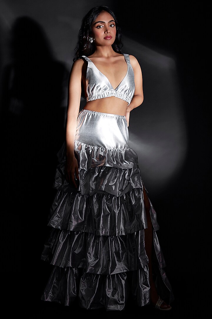 Silver Recycled Polyester Tiered Lehenga Set For Girls by Phatakaa Mini at Pernia's Pop Up Shop