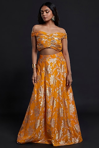 Mustard Recycled Polyester Lehenga Set For Girls by Phatakaa Mini