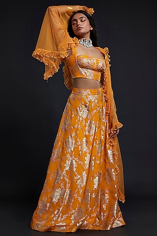 Mustard Recycled Polyester Lehenga Set For Girls by Phatakaa Mini