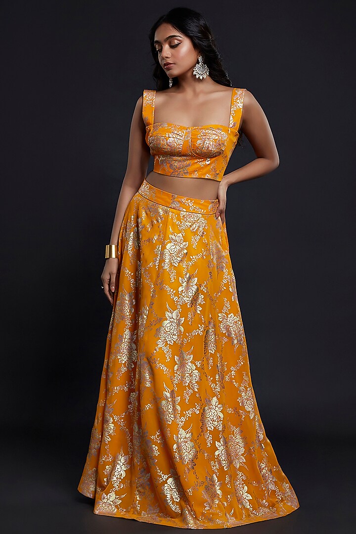 Mustard Recycled Polyester Lehenga Set For Girls by Phatakaa Mini at Pernia's Pop Up Shop