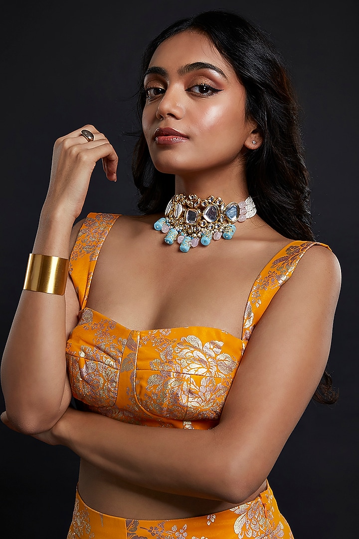 Mustard Recycled Polyester Lehenga Set For Girls by Phatakaa Mini at Pernia's Pop Up Shop